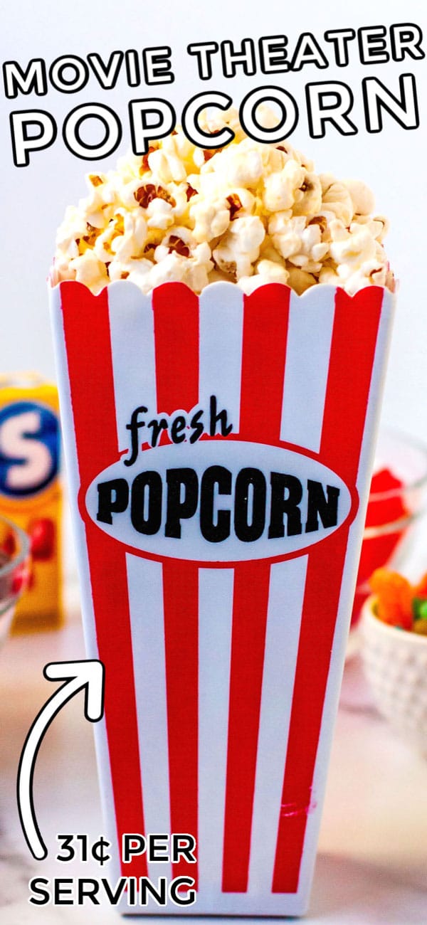 The finished Copycat movie theater popcorn in a popcorn bucket with text overlay for Pinterest. 