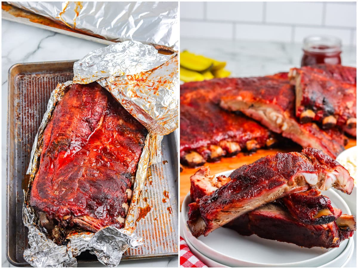 A picture collage showing how to rest and cut ribs. 