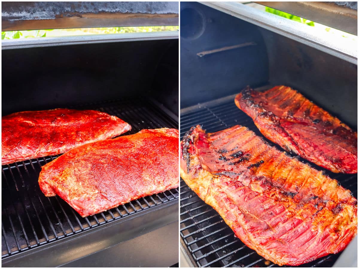 A picture collage showing how to smoke ribs. 