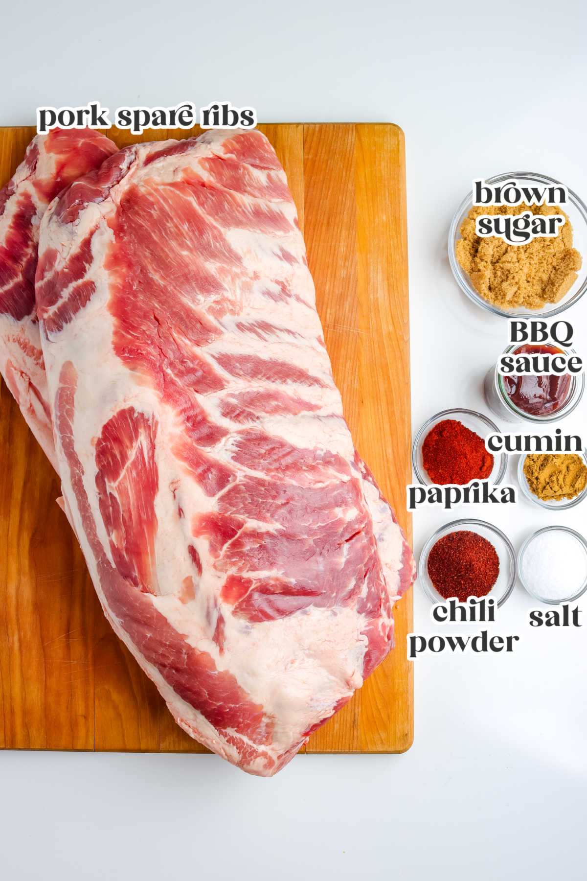 The smoked pork ribs ingredients with text overlay labeling each.