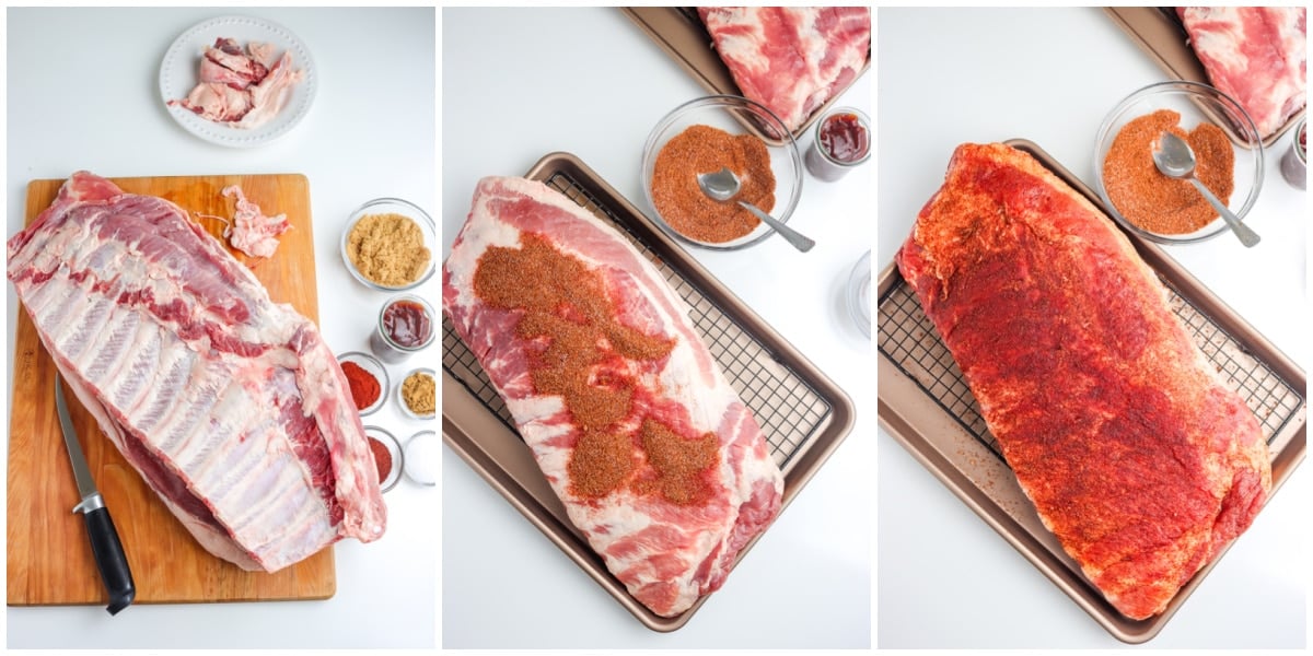 A picture collage showing how to trim and rub ribs. 