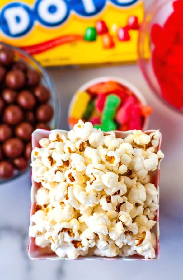 Overhead picture of Copycat movie theater popcorn in a popcorn bucket.
