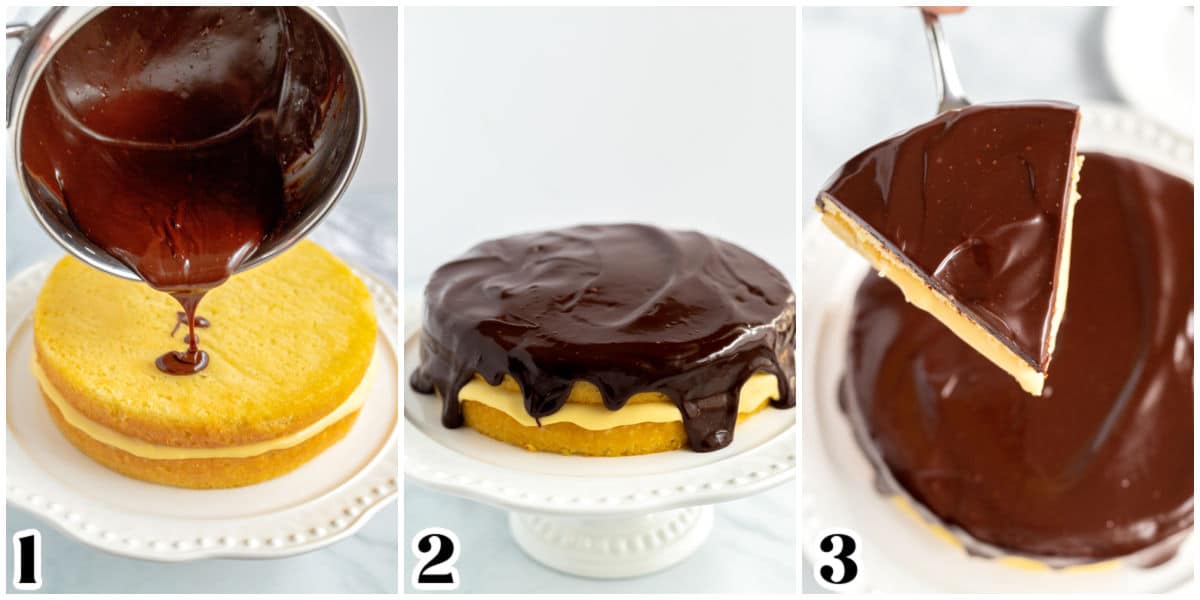The chocolate ganache poured over the cake and sliced. 