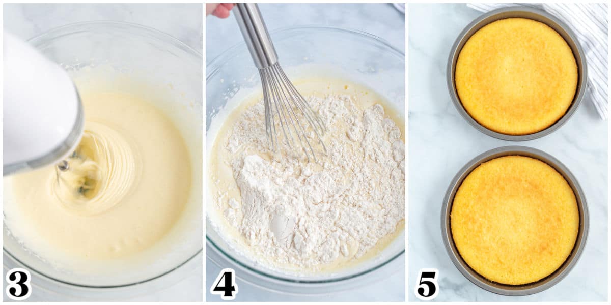 The yellow cake batter mixed and poured into cake pans. 
