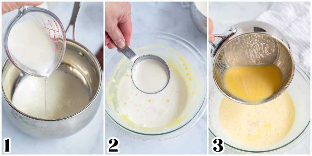 The warm milk tempering the egg and sugar mixture. 