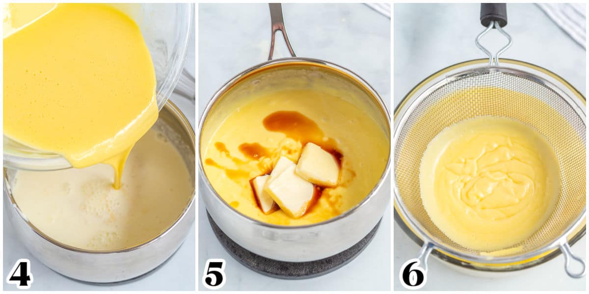 The tempered milk and egg mixture in a pot and simmered until thickened. 