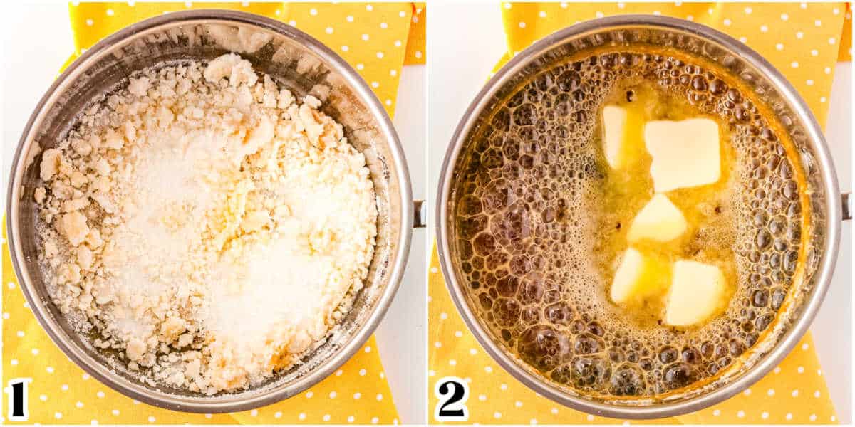 The sugar melting in a saucepan.