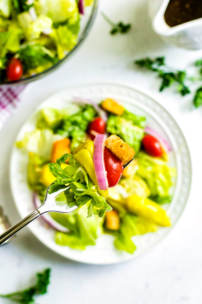 A close up of a bite of Italian Chopped Salad