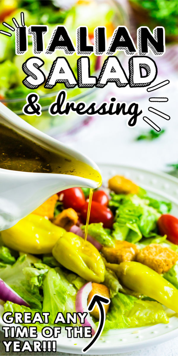 This Italian Salad with homemade Italian Salad Dressing made with romaine lettuce, cherry tomatoes, onion, basil, parsley, and more! It’s a delicious and easy year-round side that everyone is sure to enjoy. via @foodfolksandfun