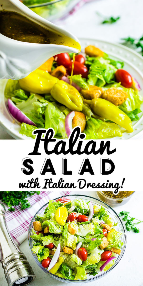 This Italian Salad with homemade Italian Salad Dressing made with romaine lettuce, cherry tomatoes, onion, basil, parsley, and more! It’s a delicious and easy year-round side that everyone is sure to enjoy. via @foodfolksandfun