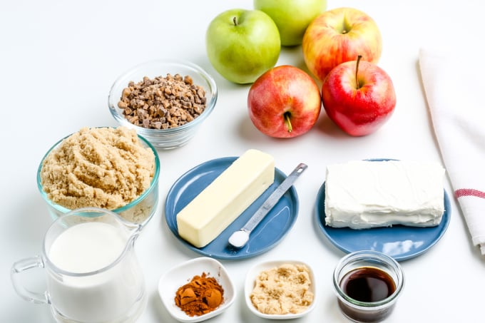 All of the ingredients needed to make cream cheese caramel apple dip.