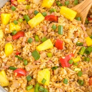A close up picture of Hawaiian fried rice in a large skillet.