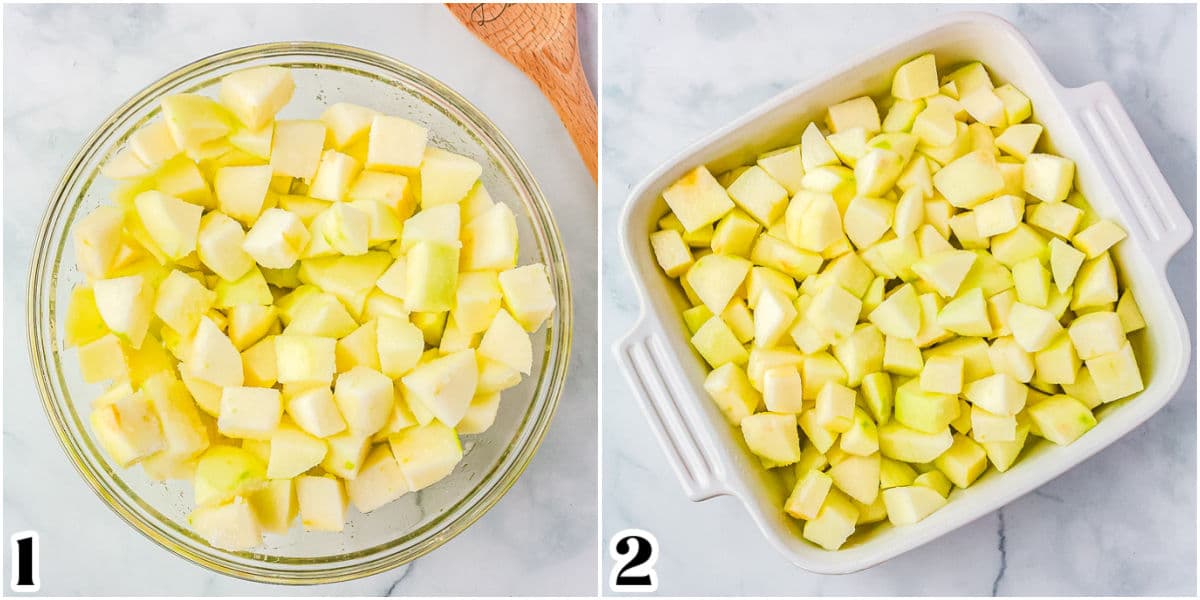 The apples mixed with lemon juice and sugar and then put into a baking dish.
