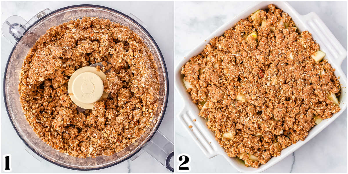 The oatmeal topping mixed in a food processor and added to the top of the apples.