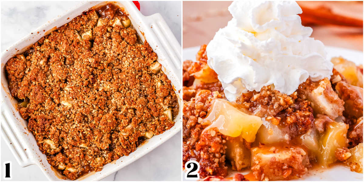 The apple crisp baked in a square baker.