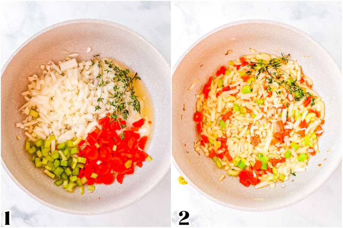 The veggies added to a pot with melted butter.