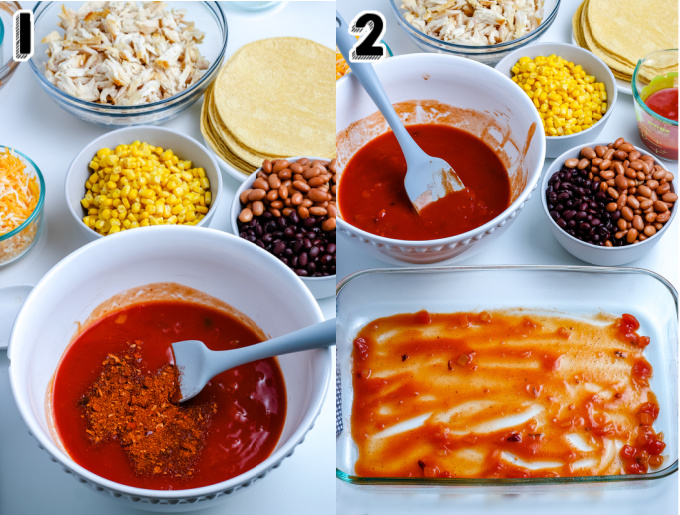 Enchilada sauce mixture spread into the bottom of a casserole dish.
