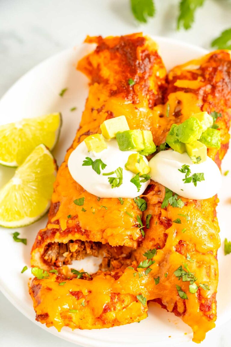 Two shredded beef enchiladas on a plate.