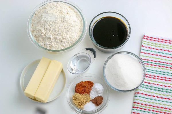 An overhead picture of all of the ingredients needed to make this soft gingerbread cookies recipe.
