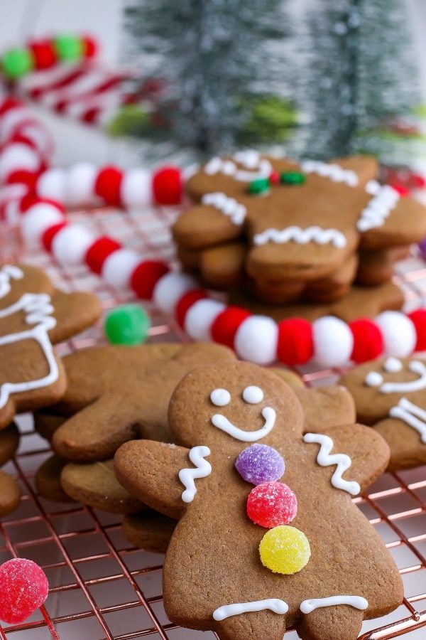 A close up picture of a decorated soft gingerbread cookie.
