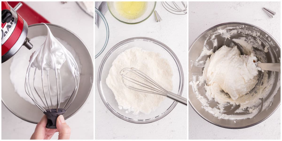 The egg whites whipped, the dry ingredients sifted, and then everything folded together in a mixing bowl.