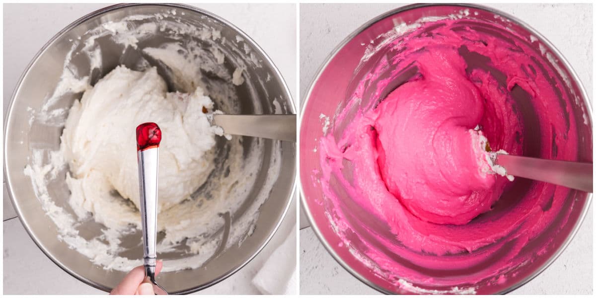 The pink gel food coloring aded to the macaron batter and then folded until combined.