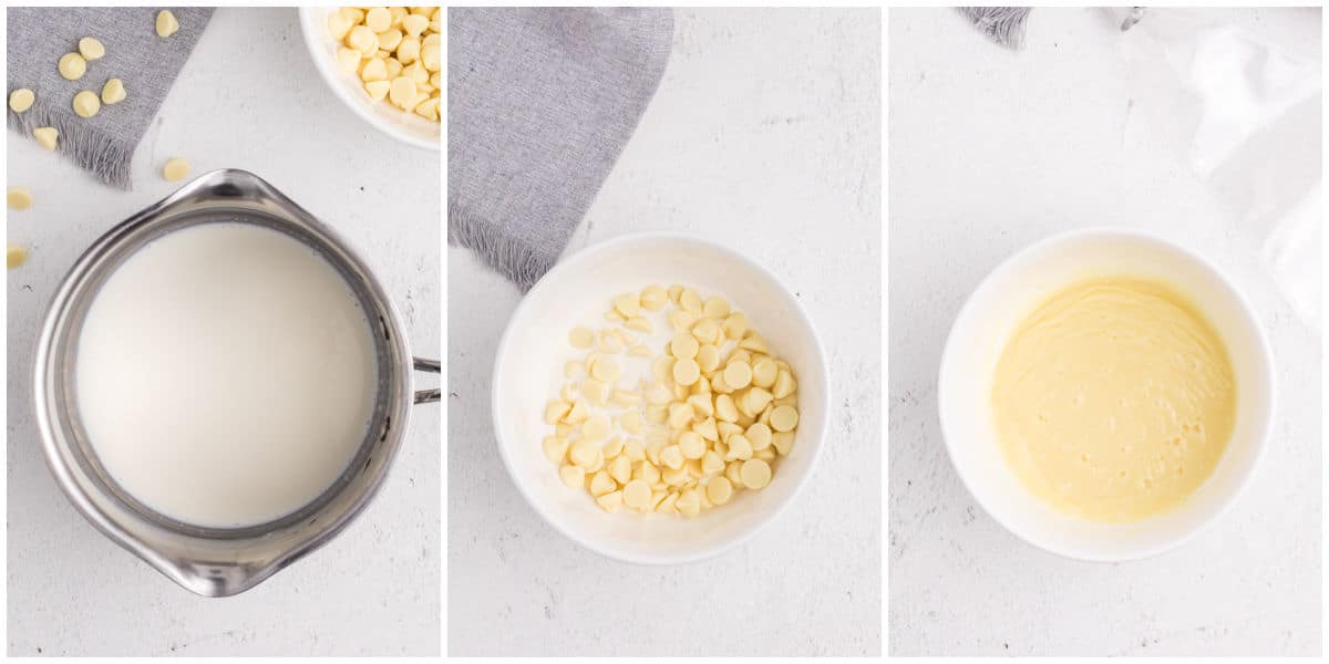 The warm cream and white chocolate combined and then chilled until pipeable.