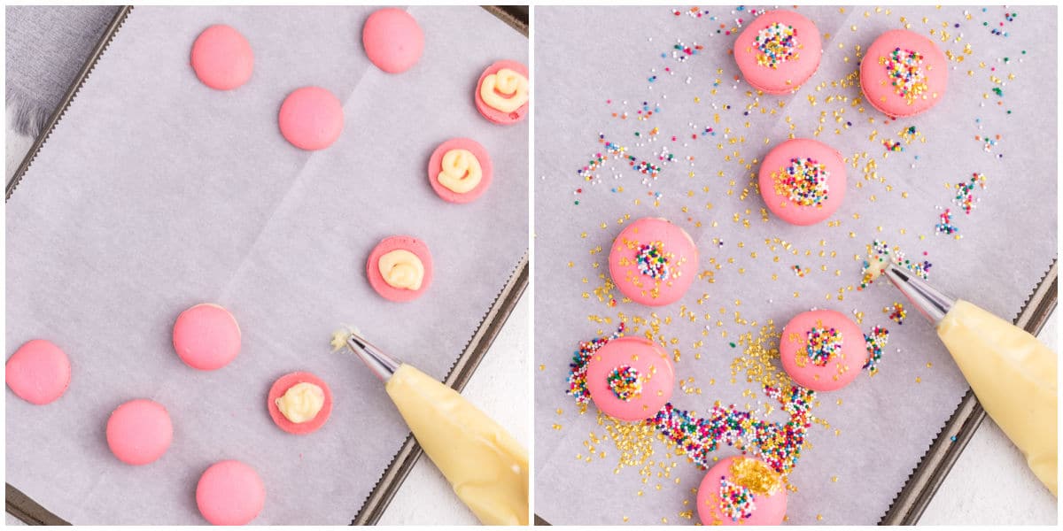 White chocolate ganache pipped onto one cookie and then another added and decorated with sprinkles.