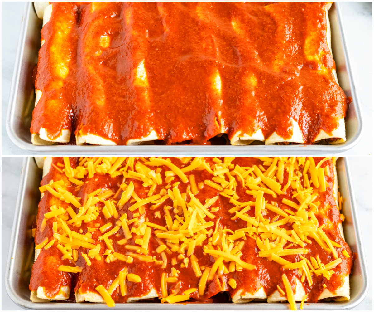The rolled enchiladas covered in red enchilada sauce and cheese before baking.