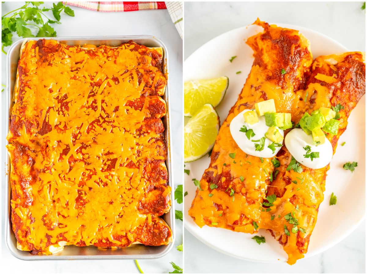 The finished enchiladas in a pan and two enchiladas on a dinner plate.