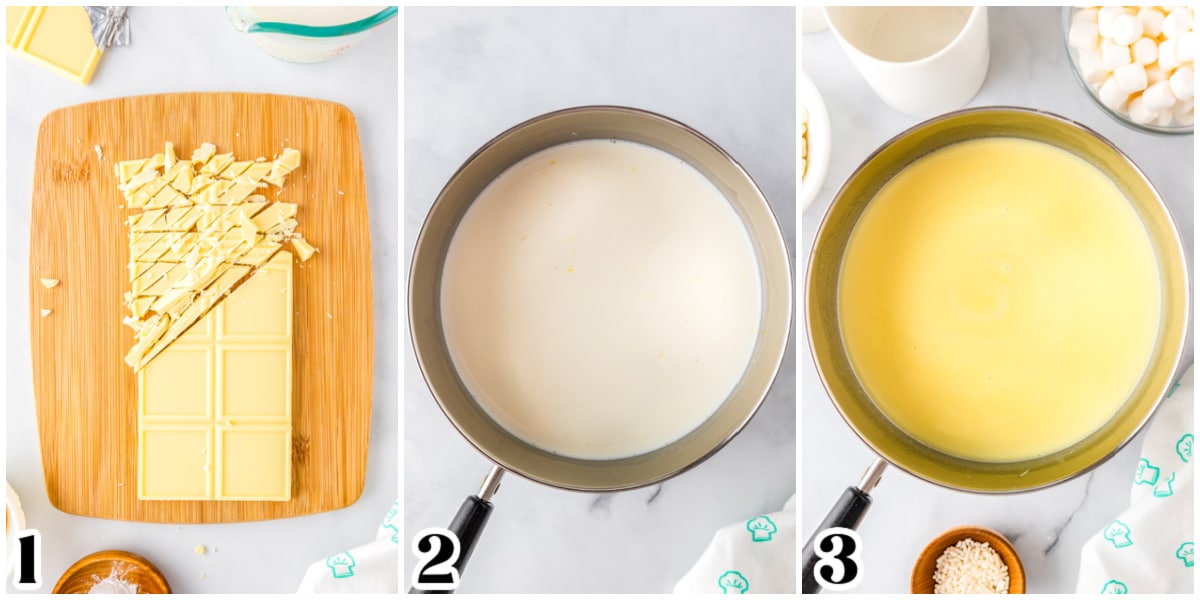 The white chocolate chopped and added to a saucepan with milk, vanilla, and cornstarch.