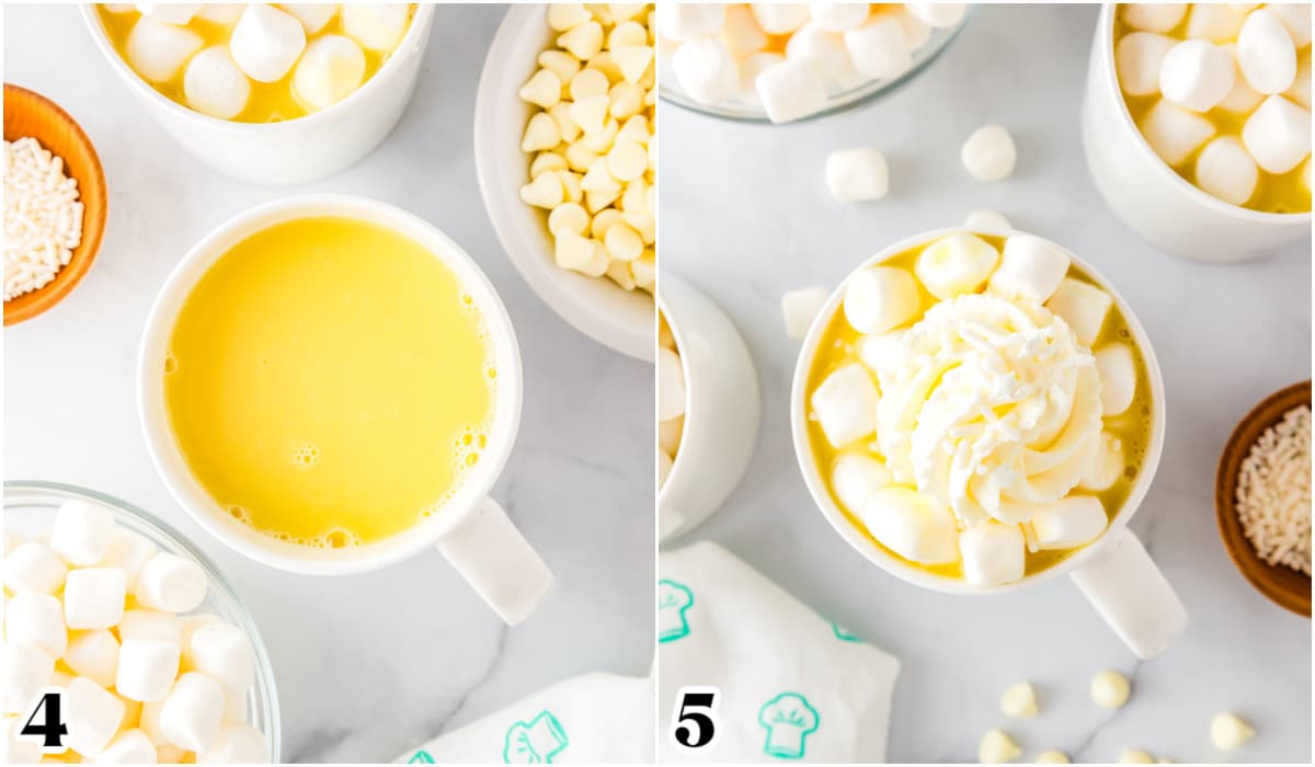 The white chocolate poured into a mug and then garnished with whipped cream, marshmallows, and sprinkles.