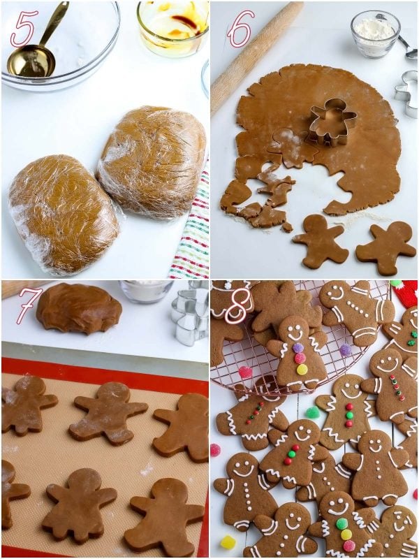 A picture collage of rolling out and cutting the gingerbread cookie dough.