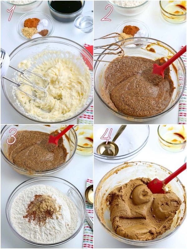 A picture collage of mixing the gingerbread dough.