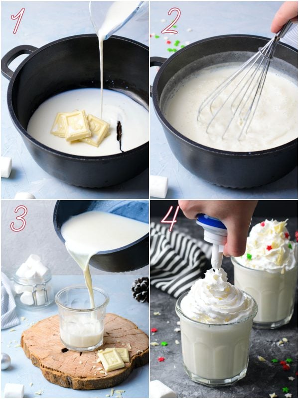 A picture collage of the different steps it takes to make this white hot chocolate recipe.