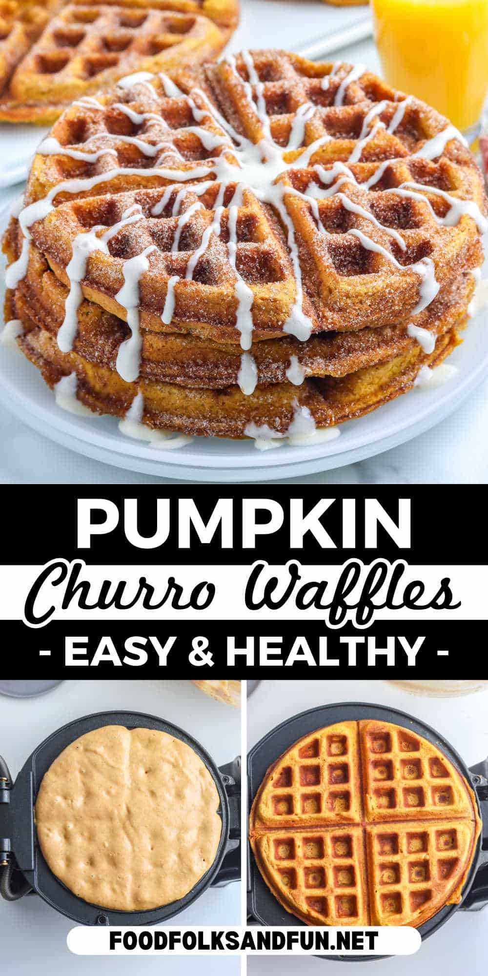 Pumpkin churro waffles are crisp on the outside and creamy on the inside, almost soufflé-like. They’re coated with spiced sugar and drizzled with a cream cheese glaze. via @foodfolksandfun