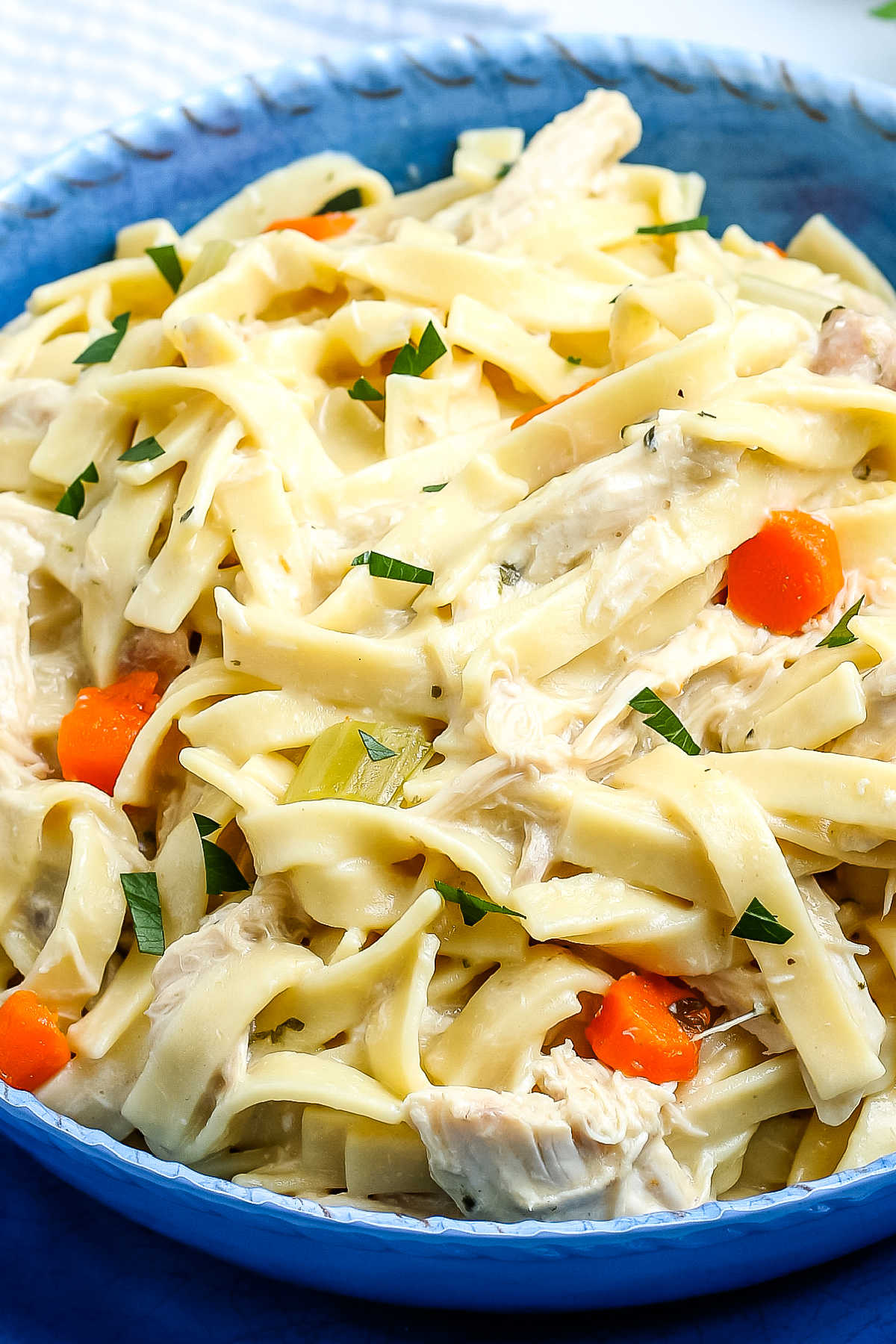 A close up picture of Chicken and Egg Noodles in a blue serving bowl.