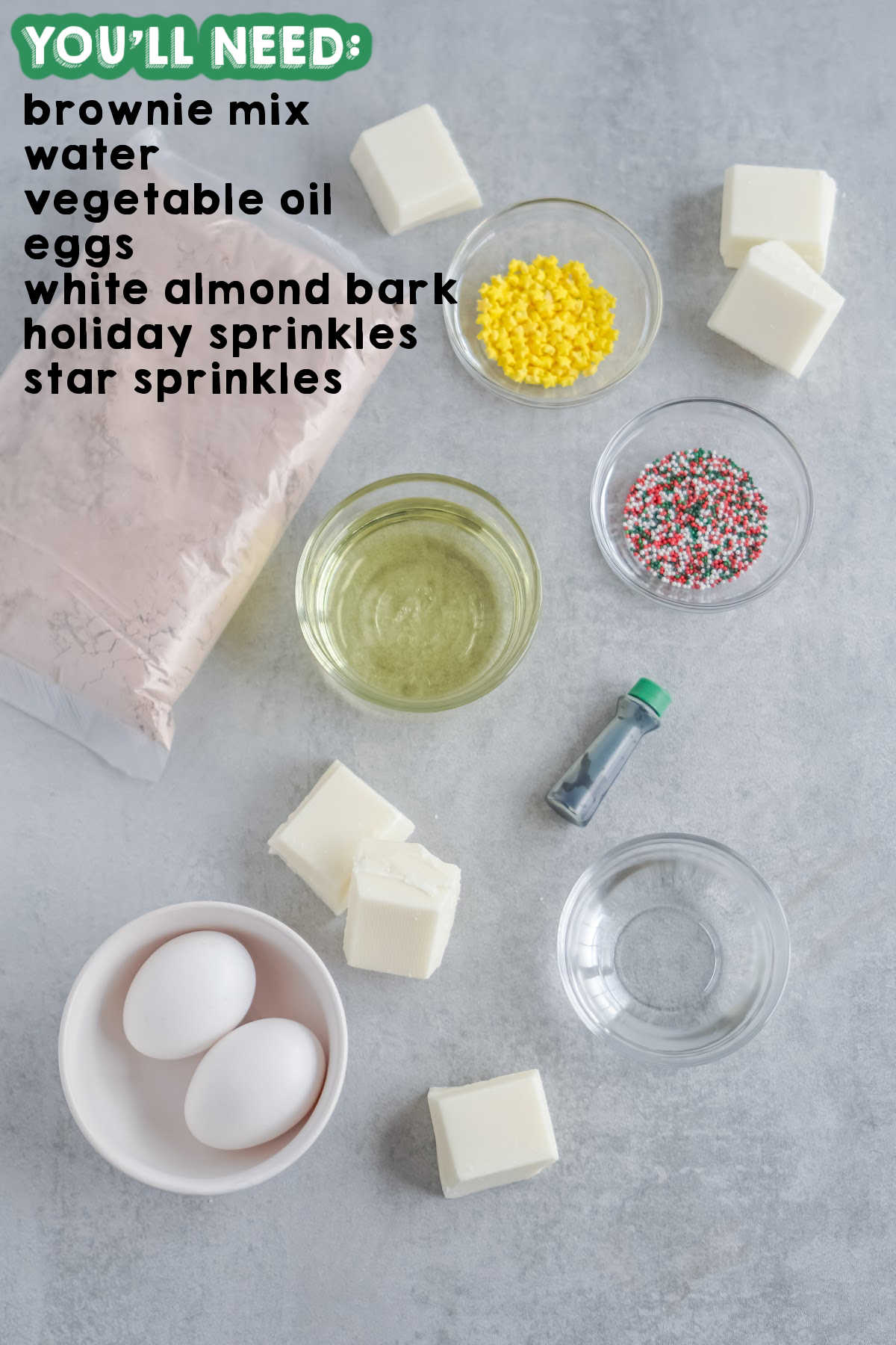An overhead picture of the ingredients needed to make these Christmas Tree Brownies.