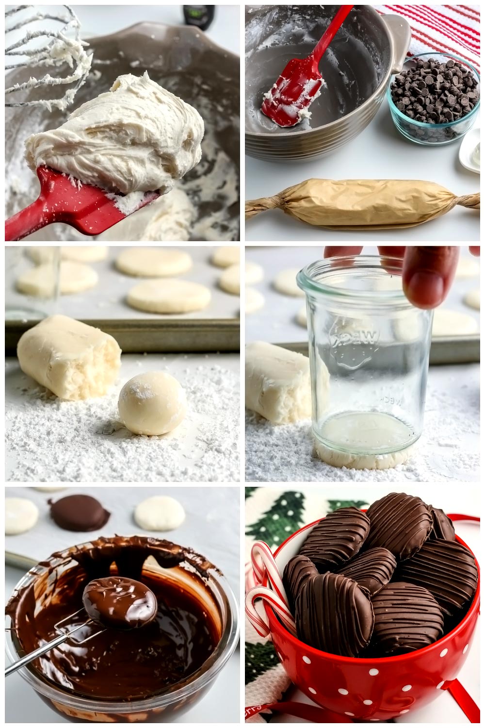A picture collage of the differnt steps to make homemade peppermint patties for Pinterest.