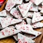 A close up picture of a platter of peppermint bark candy.