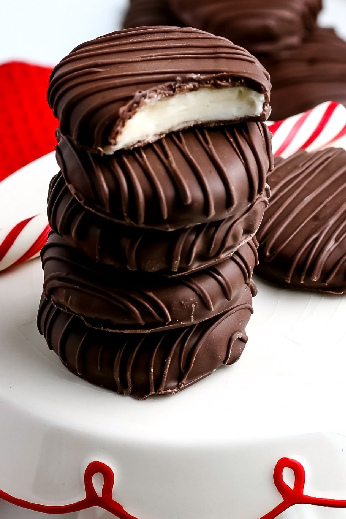 A close up picture of a stack of peppermint patty candy.