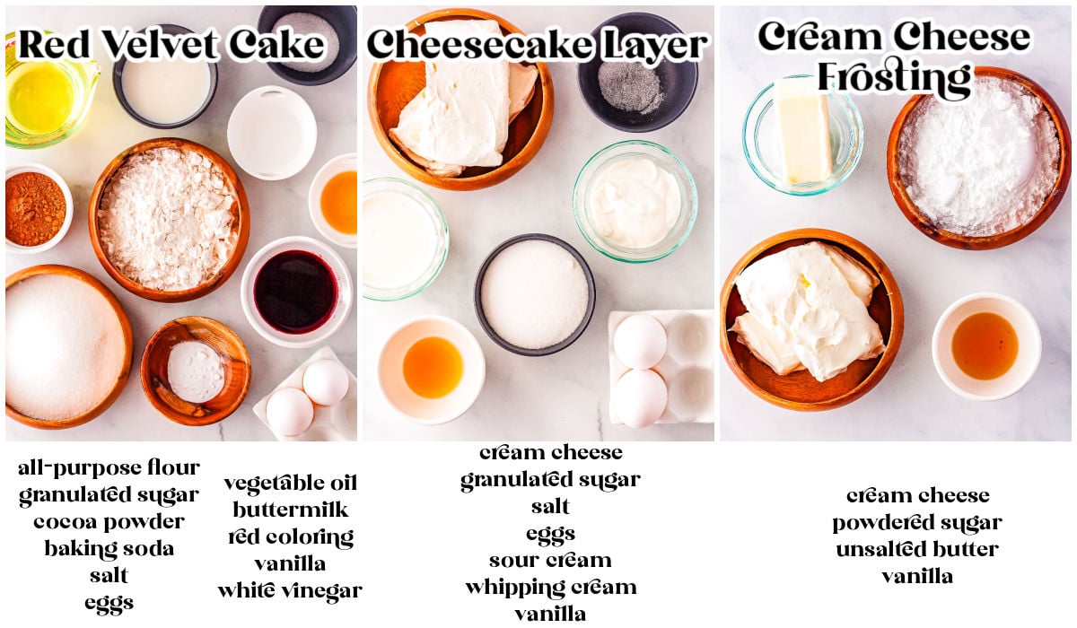 A labeled ingredient spread for the three cake components: red food coloring and cocoa for the cake; cream cheese and sour cream for the filling; and butter and powdered sugar for the frosting.