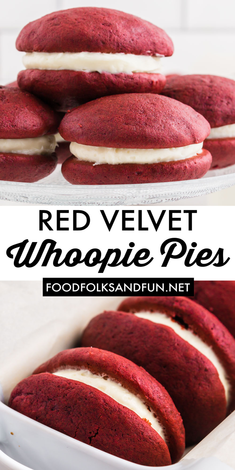 Red Velvet Whoopie Pies are two little red velvet cakes filled with a dreamy cream cheese filling. These are great for Christmas and Valentine’s Day. via @foodfolksandfun