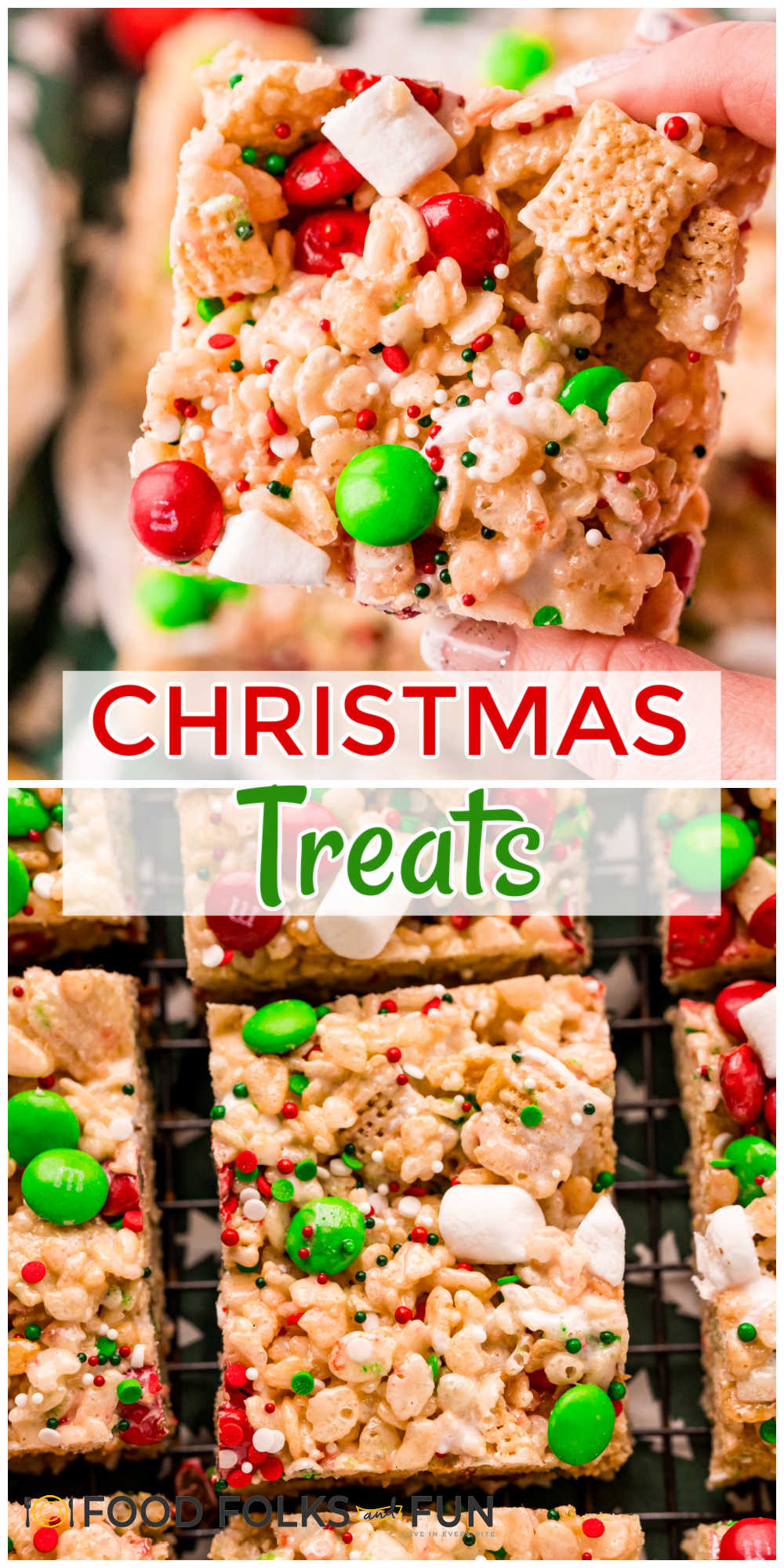 These Christmas Rice Krispie Treats are easy Christmas treats that kids will love. They’re loaded with M&Ms, sprinkles, and mini marshmallows. via @foodfolksandfun