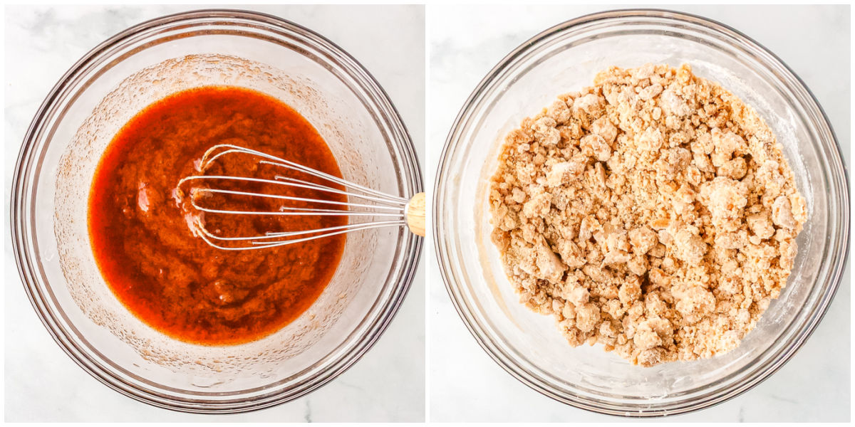 The crumb mixture mixed together in a mixing bowl.