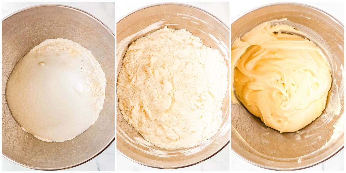 The batter mixed in the bowl of a stand mixer.