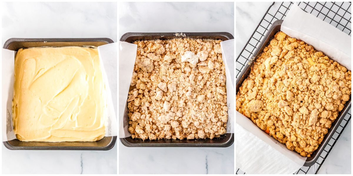 The crumb cake before and after it's baked.