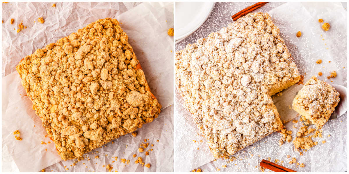 The baked crumb cake before and after it gets a dusting of powdered sugar.