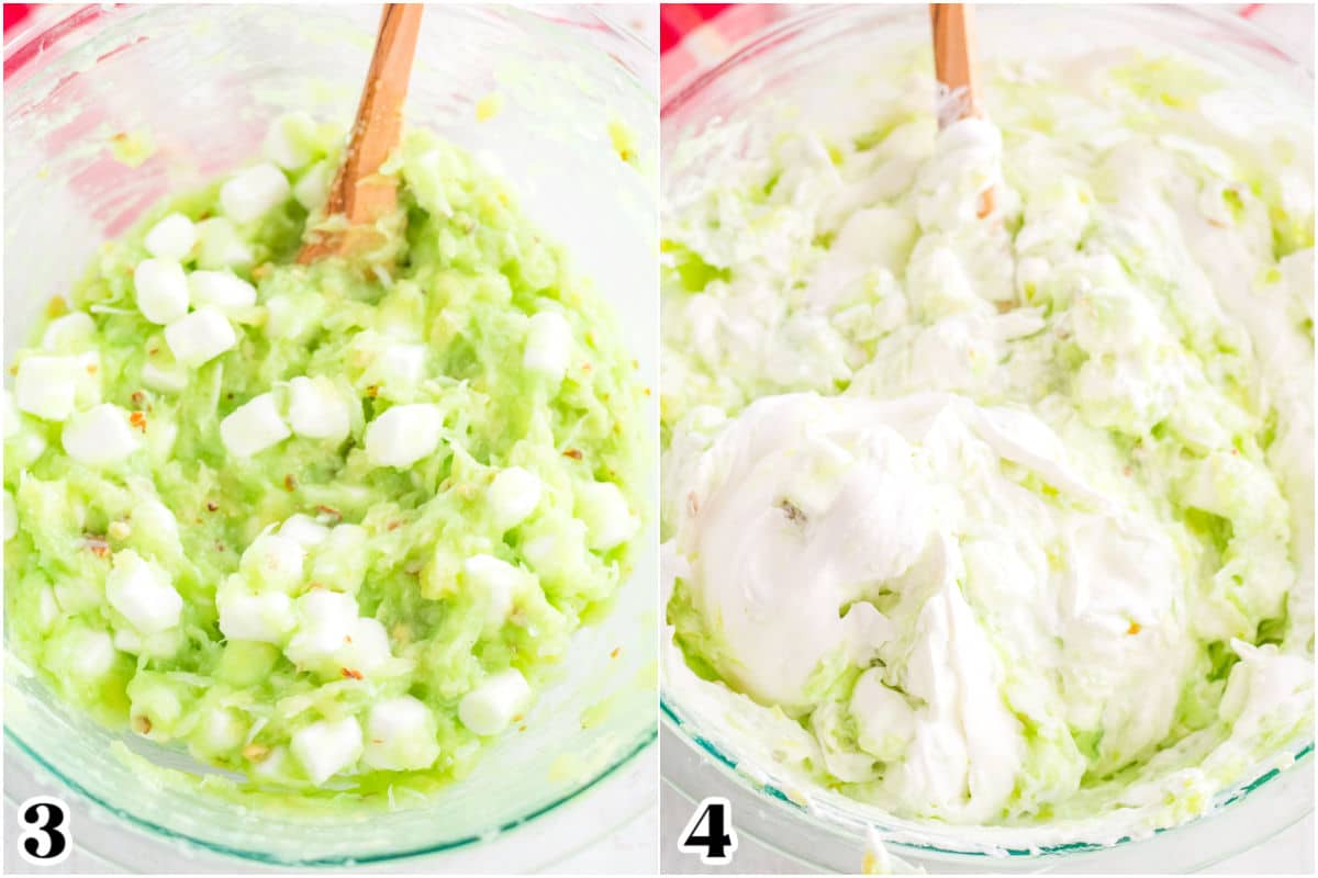 The pistachio pudding base before and after the Cool Whip is added.