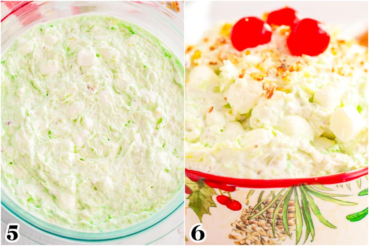 The pistachio salad chilled and then transfered to a serving bowl and garnished.